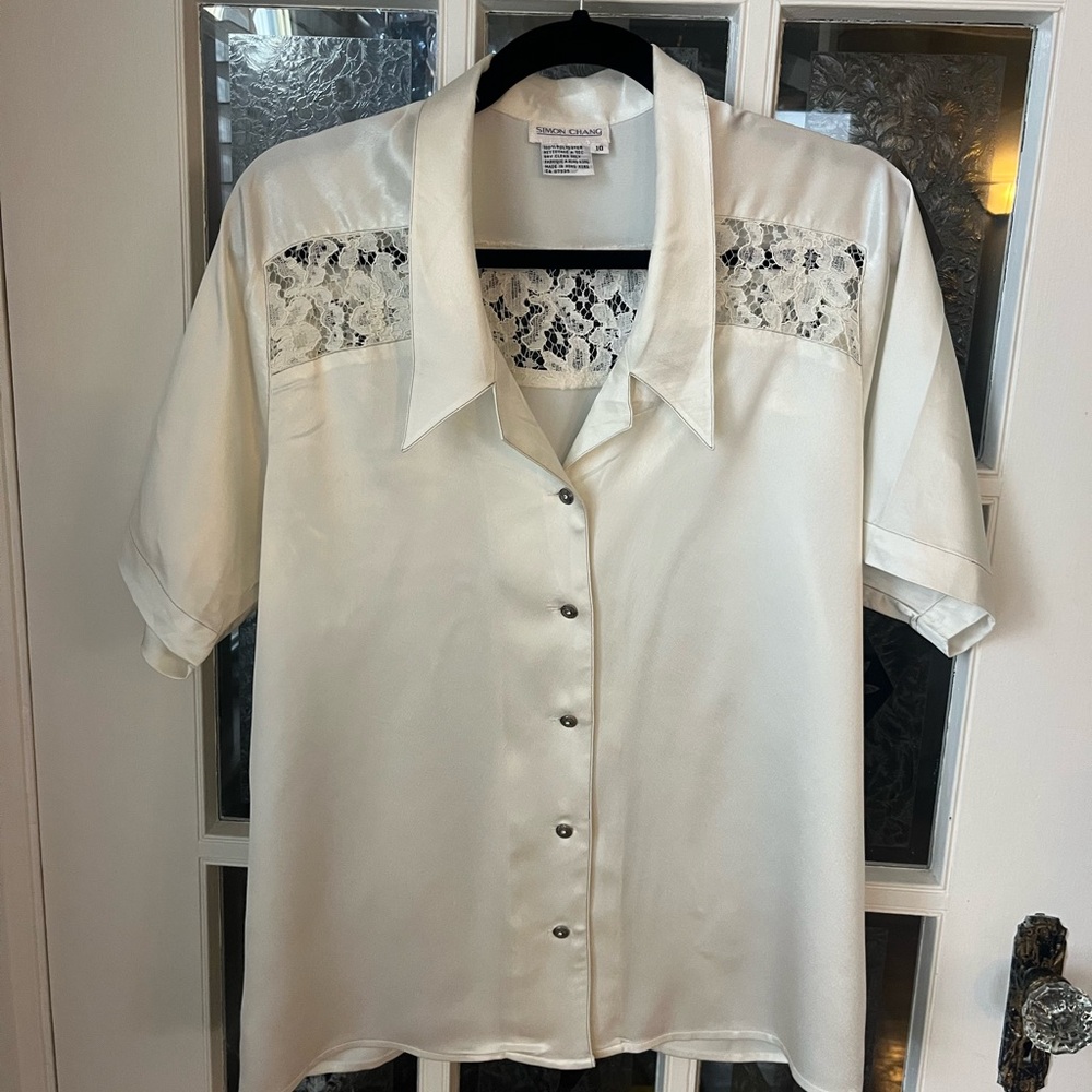 Simon Chang Button Down Shirt With Crystal Button | Timeless Fashion | Size 10